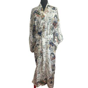 Jade Brand, White Floral Print/Geisha Design Long Polyester Kimono